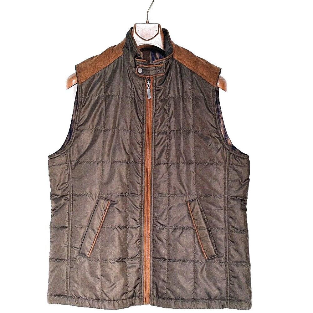 Alan Flusser Dark Khaki Micro-Suede Trim Full Zip Quilted Outerwear Vest L